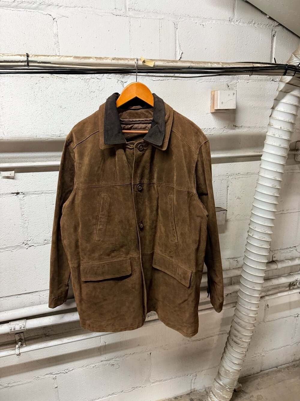 Knightsbridge Jacket Large Brown Suede Button Front Plaid Collar
